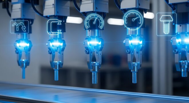 Futuristic concept of Industry 4.0 with automated robotic arms working on a production conveyor belt with a glowing digital interface