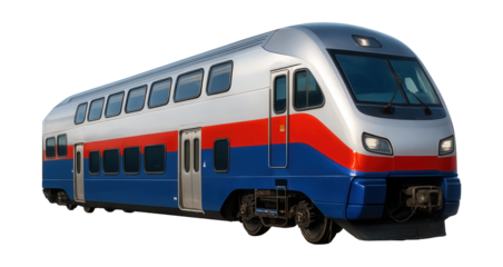 Contemporary double-decker commuter train at a concrete station platform.