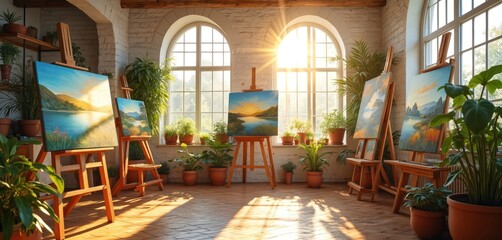 Sunlit art studio with several easels holding landscape paintings. Plants fill the bright, airy room with large arched windows letting in natural light, creating a peaceful creative space.