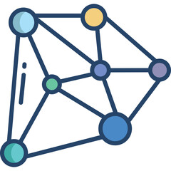 Abstract geometric network of connected nodes in various blue and teal shades with a single yellow node illustration transparent background clean design