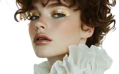 Fashion model wearing dramatic ruffled collar with metallic makeup for editorial photoshoot isolated on transparent background PNG