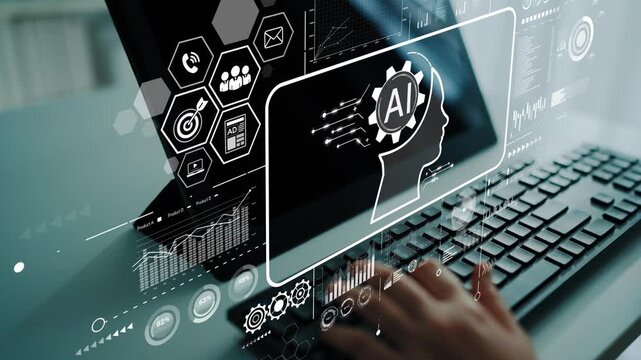 Hands typing on keyboard with abstract AI technology interface overlay and data analytics elements in modern workspace. Asymptotic smart data analytic.