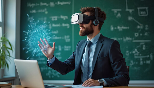 Bearded man in suit wears VR headset, interacts with glowing virus hologram in classroom. Futuristic lesson plan with digital screen, math formulas on blackboard. Innovative teaching tool for science