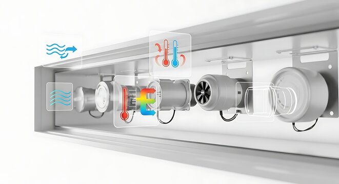 Detailed cutaway illustration of an advanced air handling and ventilation system, revealing internal mechanics, airflow, filtration, heat exchange, and fan components for optimal climate control