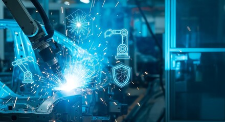 Robotic arm performing welding on a metal structure with technological icons indicating automation and security in a factory setting