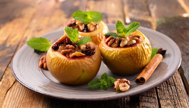 baked apples with walnuts and raisins on a plate garnished with mint