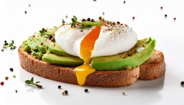 avocado toast with poached egg and spices white background - Powered by Adobe