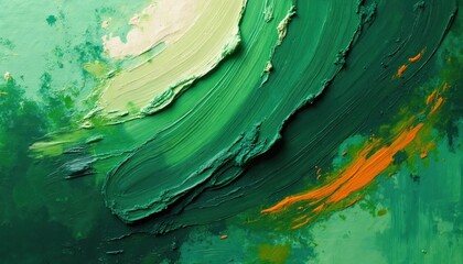 Thick green oil paint strokes on canvas create textured abstract art. Orange streaks add contrast to the organic design. Rich shades of emerald and lime blend across the surface.
