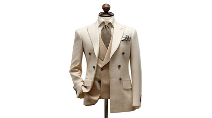 PNG of Elegant cream double-breasted suit displayed on a mannequin, showcasing tailored sophistication and classic style.