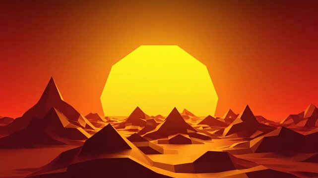 Abstract geometric landscape with low poly mountains and sunset