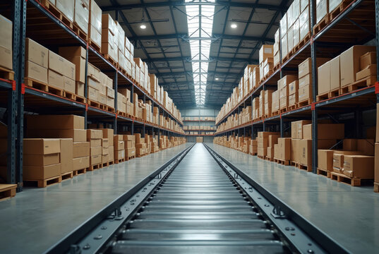 Large warehouse interior with multiple shelves. Rows filled with cardboard boxes. Conveyor belt runs between the shelves. Logistics distribution center storing packaged products ready for shipment. - Powered by Adobe