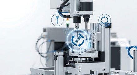 Precision Automated Assembly Close-Up of Robotic Screw Insertion with Icon Overlay