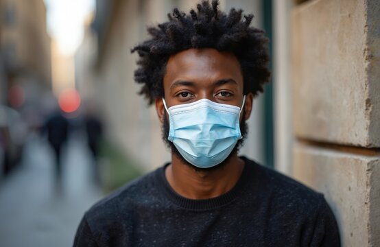 Young african american man wears face mask walking outdoors on city street during pandemic. Guy wears face covering for protection against virus spread in public space. - Powered by Adobe