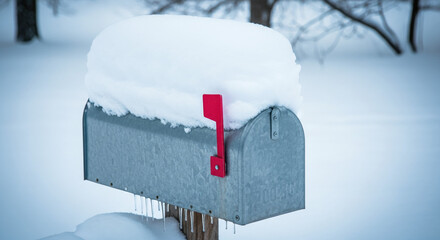 Mailbox covered in fresh snow with bright red flag standing out against winter landscape. Snow pile on mailbox creates serene winter scene with soft lighting, capturing essence of winter.