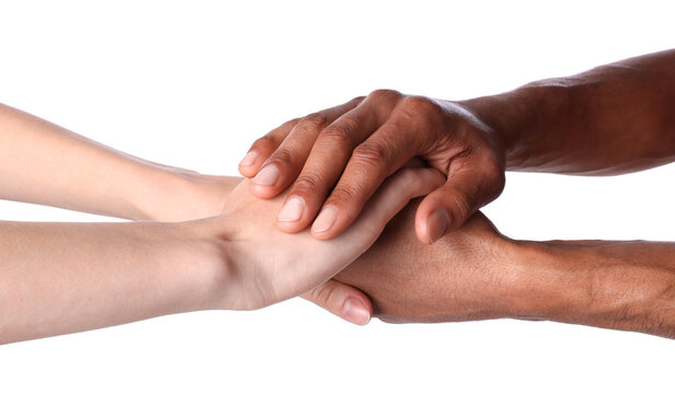 African-american man holding hands with woman on white background, closeup