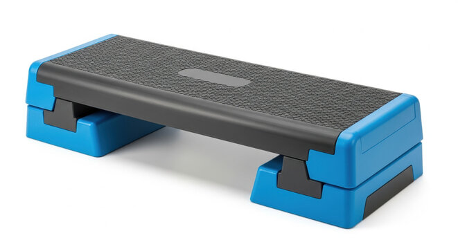 Aerobic step platform with textured surface and adjustable height in vibrant blue and black colors for home fitness routines. - Powered by Adobe