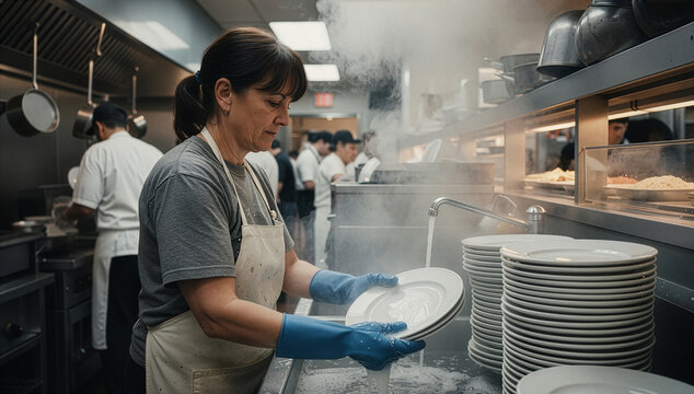 Female chef washing dishes in a busy restaurant kitchen with steam rising from the sink. She wears gloves and an apron, surrounded by stacks of clean plates. Image made using Generative AI.