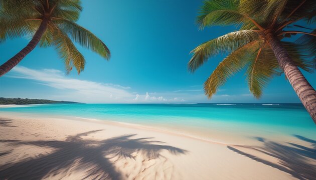 tropical paradise beach scene with palm tree shadows and turquoise ocean under a blue sky - Powered by Adobe