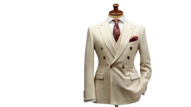 PNG of Elegant double-breasted suit on a mannequin, featuring a cream color, silk tie, and a stylish pocket square.