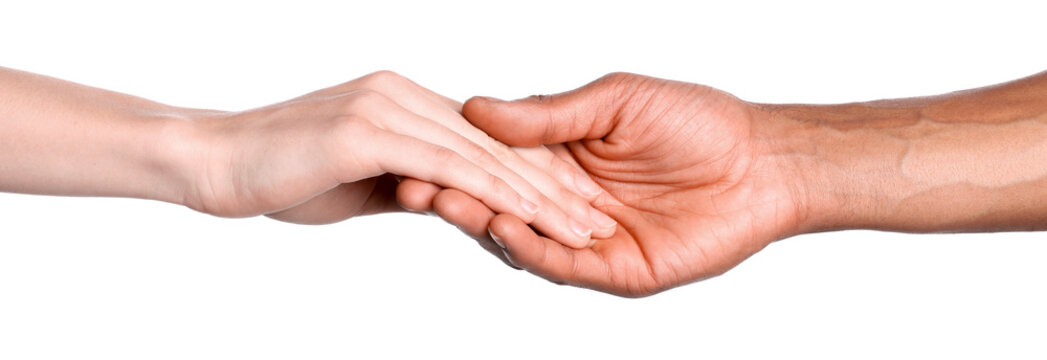 African-american man holding hands with woman on white background, closeup - Powered by Adobe
