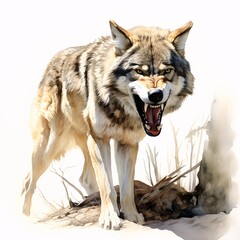 Obraz premium Aggressive wolf showing its teeth in the wilderness in watercolor style