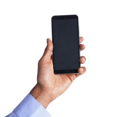 African-american man with smartphone on white background, closeup