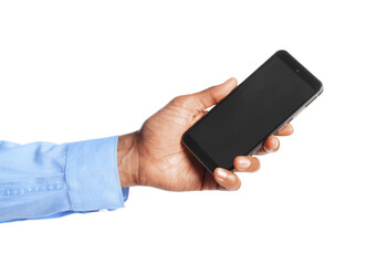 African-american man with smartphone on white background, closeup