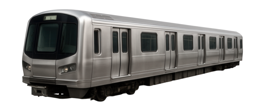 Spacious metro train with a sleek stainless steel exterior and noticeable air vents.