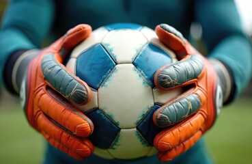 Goalkeeper in bright gloves clutches soccer ball tightly. Closeup focus on hands, ball, and protective gear. Focus on a save during a tense match, player secures possession.