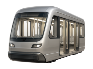 Urban transit vehicle featuring vertical handrails and ample interior lighting.