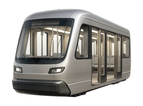 Urban transit vehicle featuring vertical handrails and ample interior lighting.