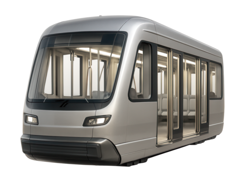 Urban transit vehicle featuring vertical handrails and ample interior lighting.
