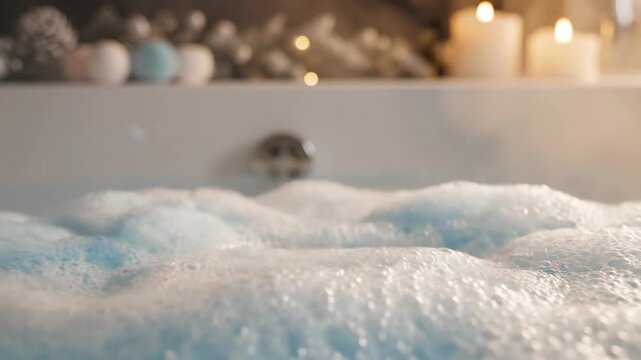 Macro shot of a bath bomb fizzing in a bubbly bathtub with candles and festive decor