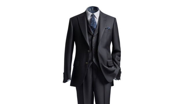 PNG of Stylish black suit with a textured vest and classic tie, perfect for formal events.