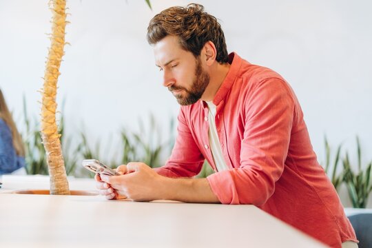Handsome bearded Hispanic man businessman holding mobile phone and stylish eyeglasses, text message - Powered by Adobe