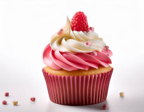 a single cupcake with colorful frosting raspberry and white chocolate curls on a white background - Powered by Adobe