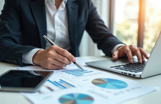 Man in suit works on laptop with financial charts and graphs. He reviews data, analyzes reports, and plans investments. Tablet lies on desk for extra info.