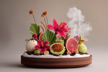 Obraz premium A fruit salad with a variety of fruits and flowers