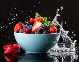fresh berries in a bowl with water splash