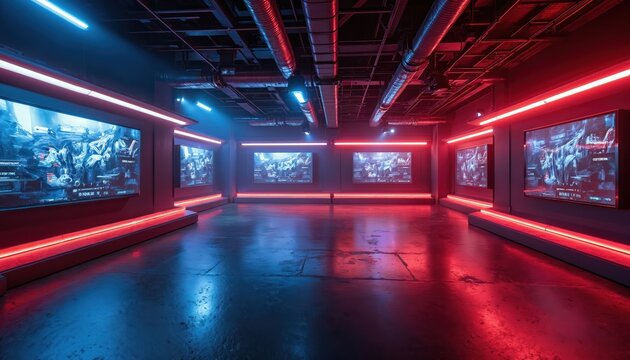 Modern futuristic room big screens on walls. Blue, red neon lights glow, illuminating empty space. Looks like virtual reality gaming arena. Cool hi-tech digital environment for entertainment esports.
