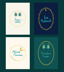 Cute Ramadan greeting card set featuring hand drawn doodle elements: lanterns, moons, stars, and sparkles. Includes messages like &ldquo;Ramadan Kareem&rdquo;, &ldquo;Eid Mubarak&rdquo;, and &ldquo;Blessed Ramadan.&rdquo; 