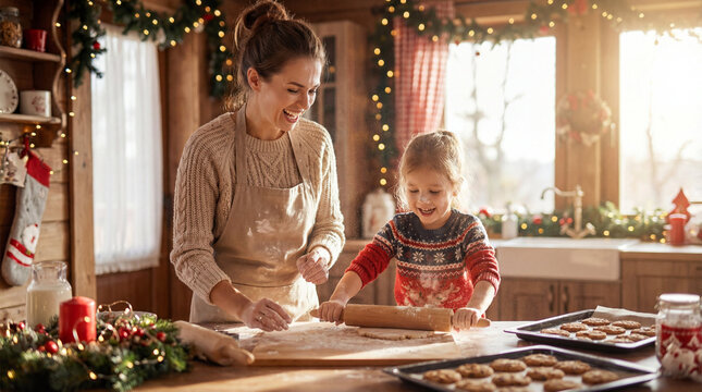Mother and daughter baking Christmas cookies together