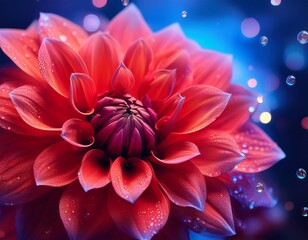red dahlia close up neon background dew drops