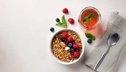 a top view of a bowl with granola berries and a drink with a spoon and napkin on a light surface