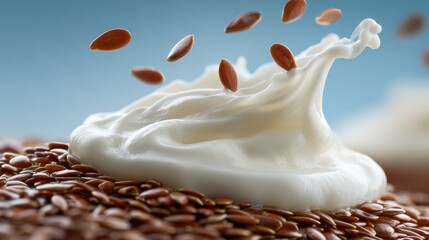 Flax Seeds Falling Onto Creamy Yogurt Create a Delicious Belly Diet Superfood Scene in a Bright Setting