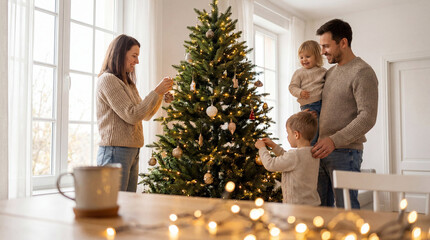 Parents helping daughter decorate Christmas tree in bright living room