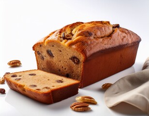 freshly baked banana bread loaf with nuts and raisins partially sliced on a clean white background