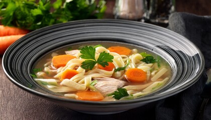 clear chicken noodle soup with carrots zucchini and fresh parsley