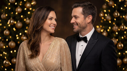 Elegant couple smiling together at Christmas tree