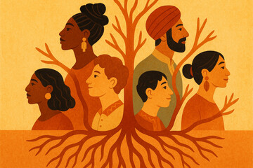 Warm-toned illustration of diverse individuals gathered around a symbolic tree, representing unity, heritage, and cultural connection.